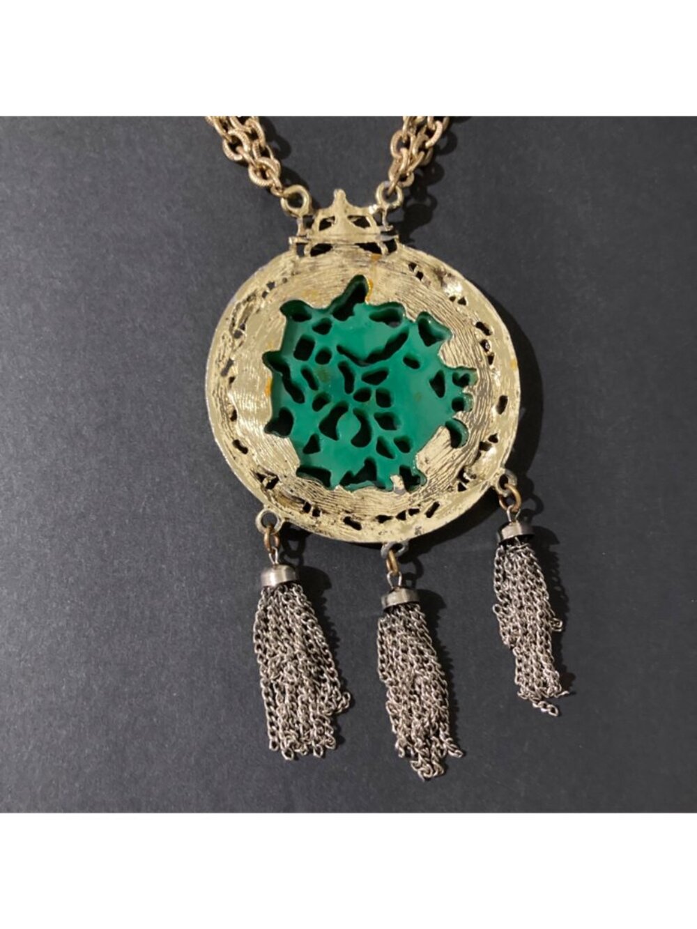 Carved Bird Faux Jade Large Medallion Pendant Necklace With Tassels 1960s - Picture 4 of 6